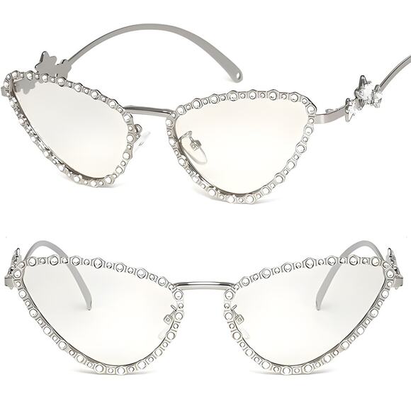 Elegant Silver Rhinestone Cat Eye Sunglasses Clear Gradient Lenses - Picture 1 of 4